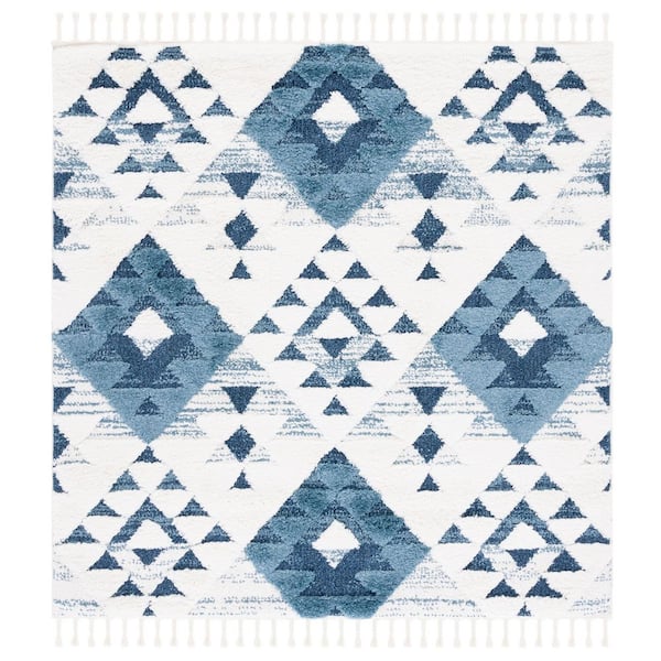 Moroccan Tassel Shag Blue/Ivory 8 ft. x 8 ft. High-Low Geometric Fringe Square Area Rug