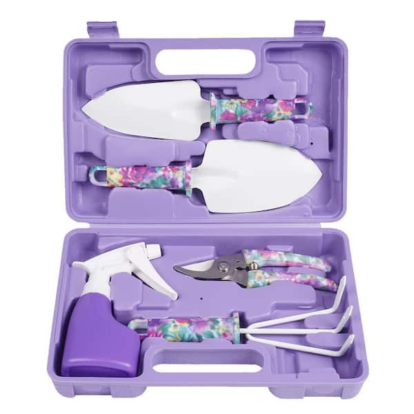5-Piece Garden Tool Set with Floral Print Ergonomic Handle Shovel Rake Pruner Shears Sprayer Case Gift