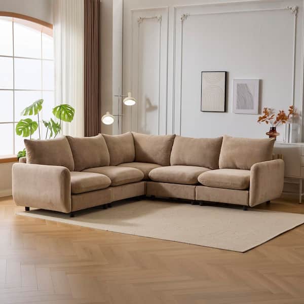 Windsor 99.5 in. Modern 5-Seater Polyester Fabric Upholstered Solid Wood L-Shaped Modular Sectional Sofa in. Brown+Nomad