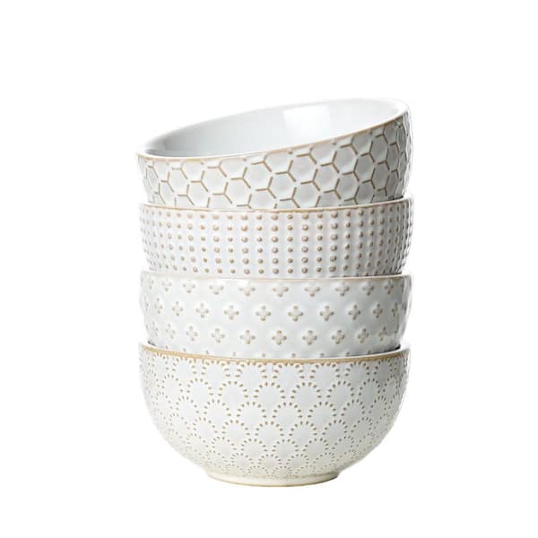 26 fl. oz. Arctic White Ceramic Embossment Cereal Bowls Soup Bowl for Pho Salad Noodle Ramen Housewarming (Set of 4)