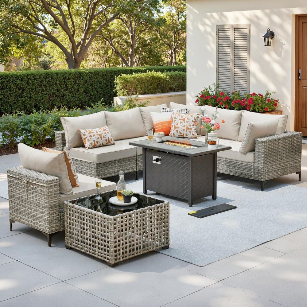 Reno 8-Piece Wicker Outdoor Patio Fire Pit Conversation Sofa Sectional Set with Beige Cushions price history on PriceWatchPro