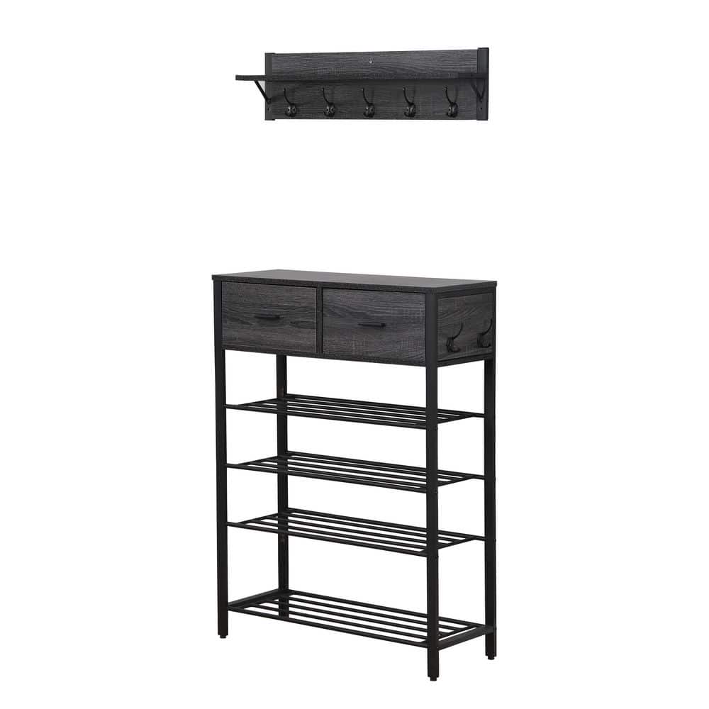 Gray 4-Tier Industrial Shoe Shelf with Drawers and Coat Rack