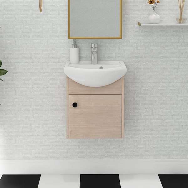 Staykiwi 18 in. W x 15 in. D x 21 in. H Single Sink Floating Bath Vanity in Plain Light Oak with White Ceramic Sink Top