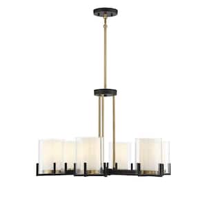 Eaton 28 in. W x 17.5 in. H 6-Light Matte Black with Warm Brass Accents Chandelier with Clear/White Opal Glass Shades