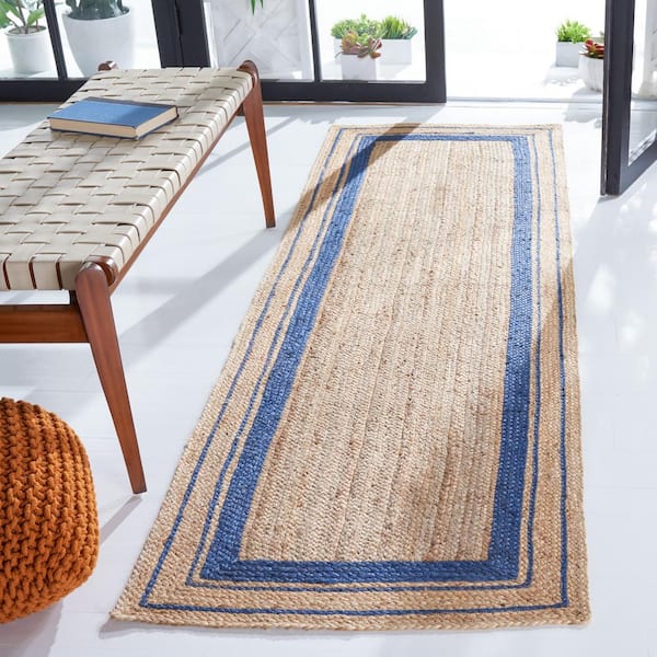 Natural Fiber Navy/Beige 3 ft. x 8 ft. Striped Border Runner Rug