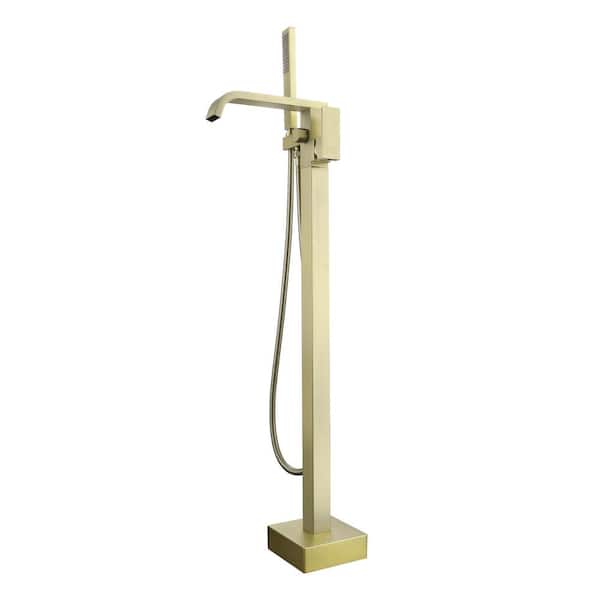 Single-Handle Freestanding Floor Mount Bath Tub Filler Faucet with Hand Shower in Brushed Gold