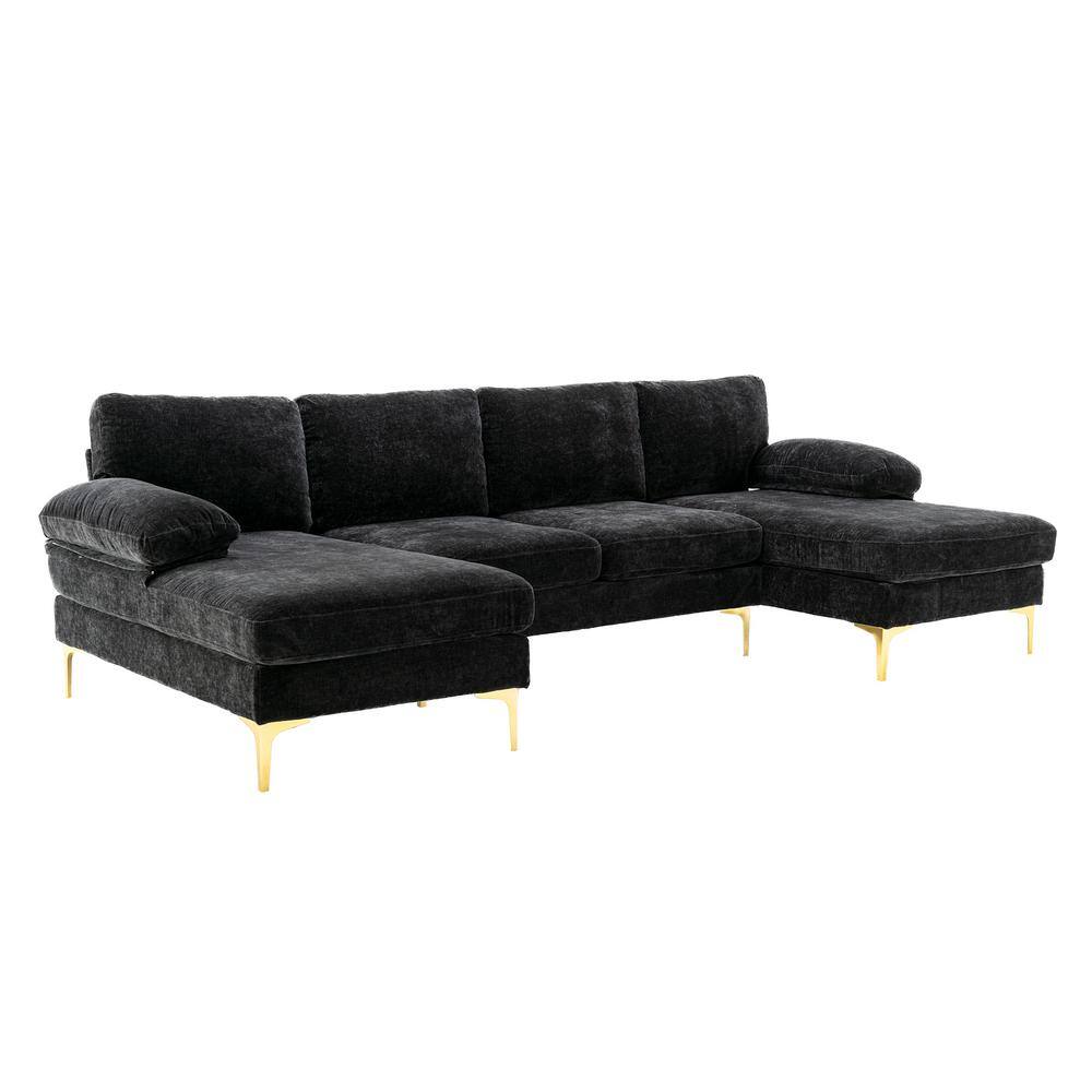 GOSALMON 110.63 in. Wide Rolled Arm Fabric Modern U Shaped Sofa in Black, Accent Living Room Sofa -  W395S00001NYY