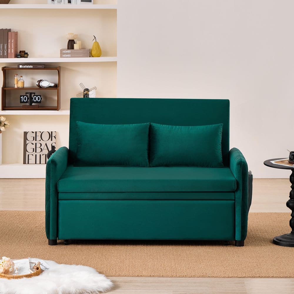 51.2 in. Green Velvet Upholstered Full Size Convertible Sleeper Sofa Bed with Adjustable Backrest and Side Pocket price history on PriceWatchPro