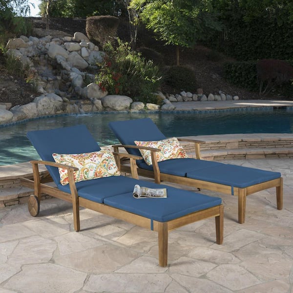 Noble House Giancarlo Teak 2-Piece Wood Outdoor Patio Chaise Lounge with Blue Cushion