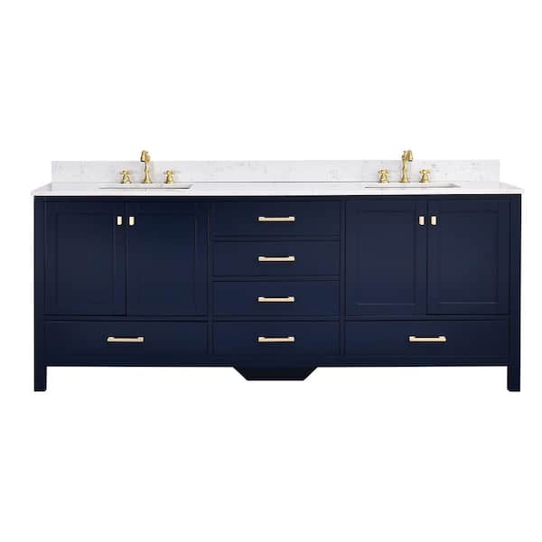 Enlivena 84 in. Double Sink Freestanding Navy Blue Bath Vanity with White Engineered Stone Top
