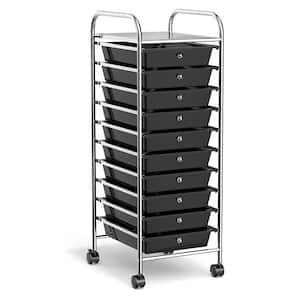 10-Tier Black Rolling Storage Cart Organizer Steel Kitchen Cart with Plastic Drawers