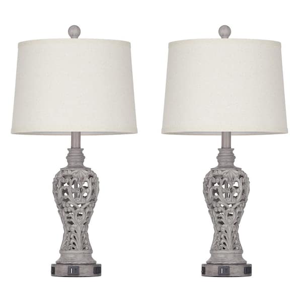 Cinkeda 25.2 in. Grey Resin Table Lamp Set with USB, Type-C Ports and AC-Outlet (Set of 2)