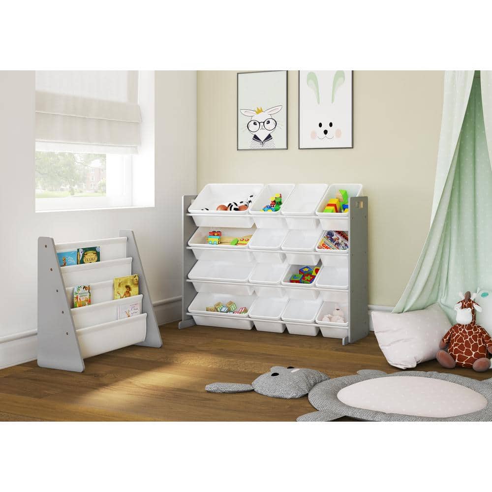 Extra Large Gray and White Kids Toy Storage Organizer with 16 Bins
