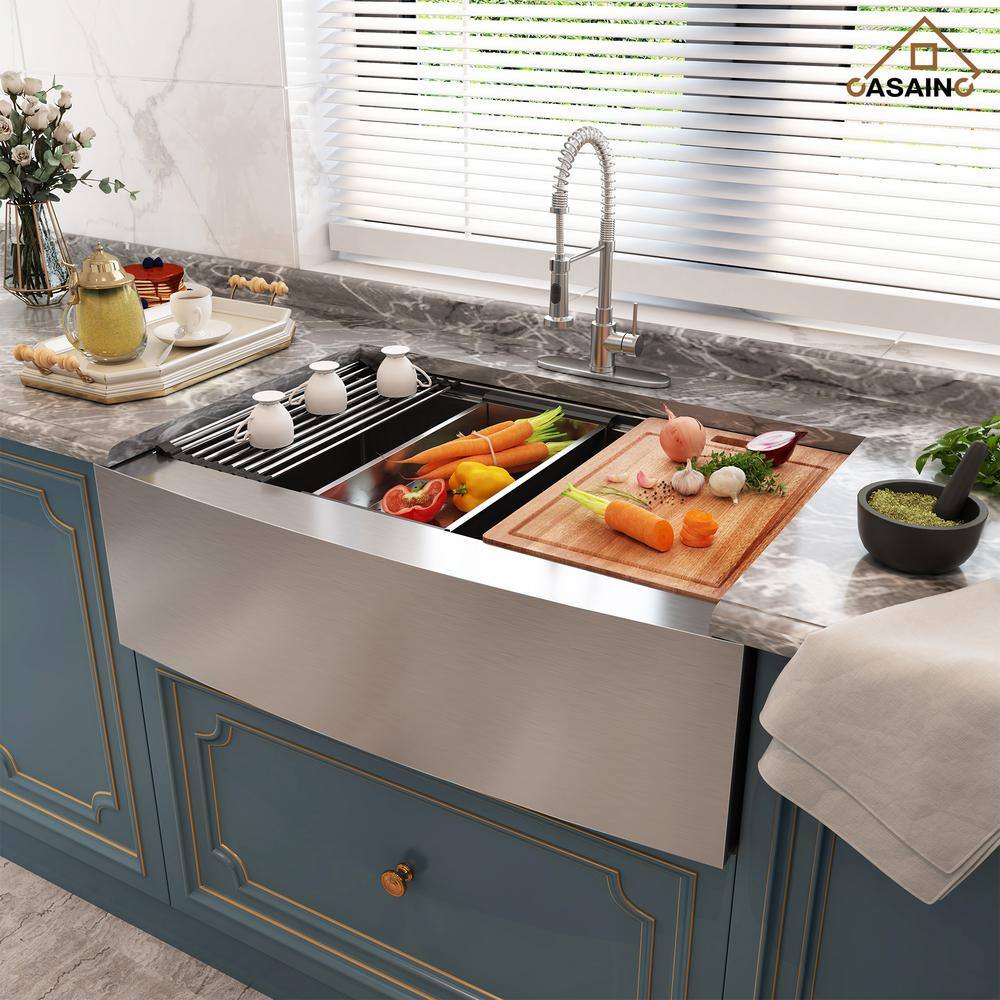33" Brushed Stainless Steel Farmhouse Workstation Kitchen Sink