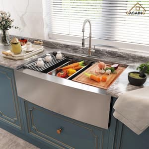 33 in. Farmhouse/Apron-Front Single Bowl 18 Gauge Brushed Stainless Steel Workstation Kitchen Sink with Accessories