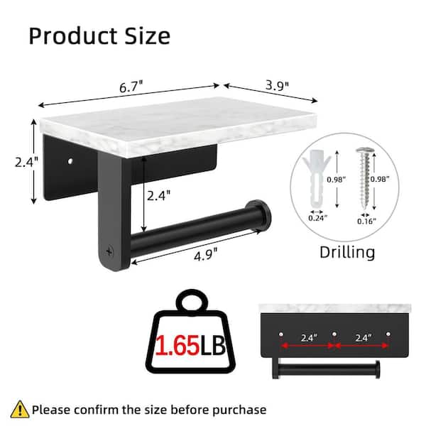 Wall Mounted Toilet Paper Holder with Shelf for Bathroom, Washroom, Marble Shelf and Stainless-Steel Frame, Matte Black