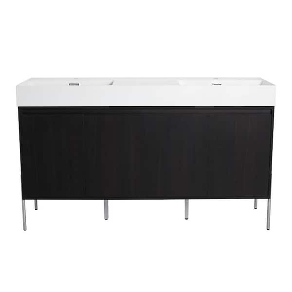 60 in. Double Sink Freestanding Dark Oak Bath Vanity with White Resin Top Unassembled and Soft Closed Doors