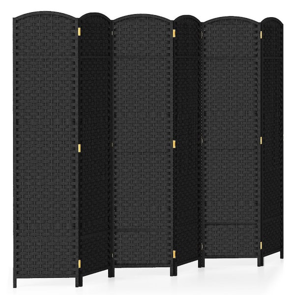 Gymax 6-Panel Folding Room Divider Privacy Screen w/Hand-Woven Texture and Wood Frame Black