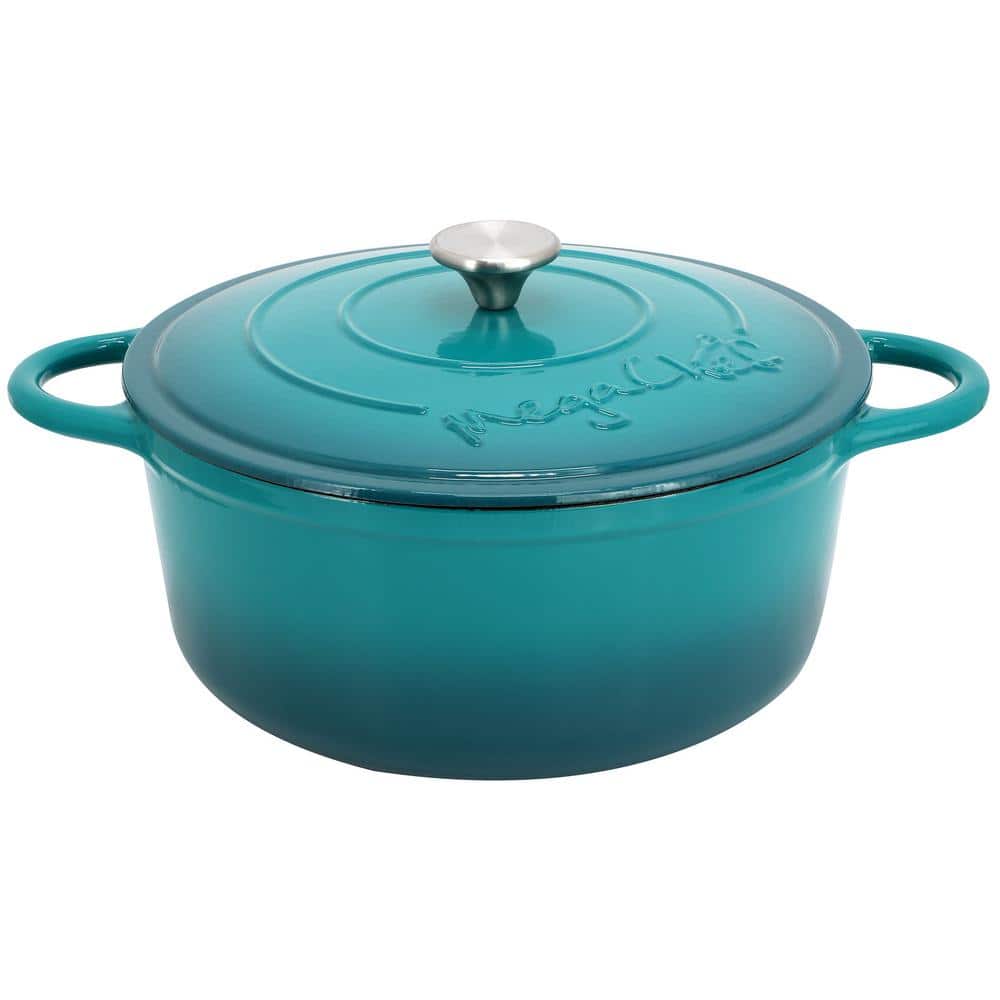 MegaChef 6.35 Qt. Round Enameled Cast Iron Dutch Oven with Self Basting Lid in Teal 985122263M