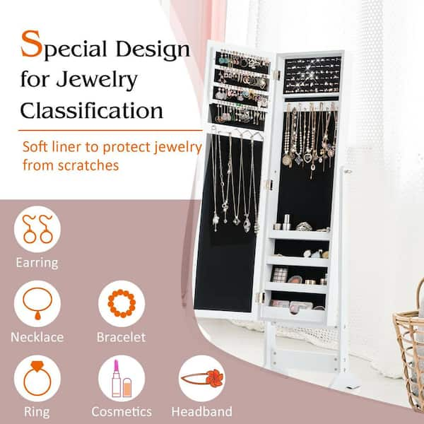 Costway White Wood LED Mirror Jewelry Cabinet Organizer 16 in. Jewelry  Armoire Standing with Built-in 3 Color Light JV11196US-WH - The Home Depot