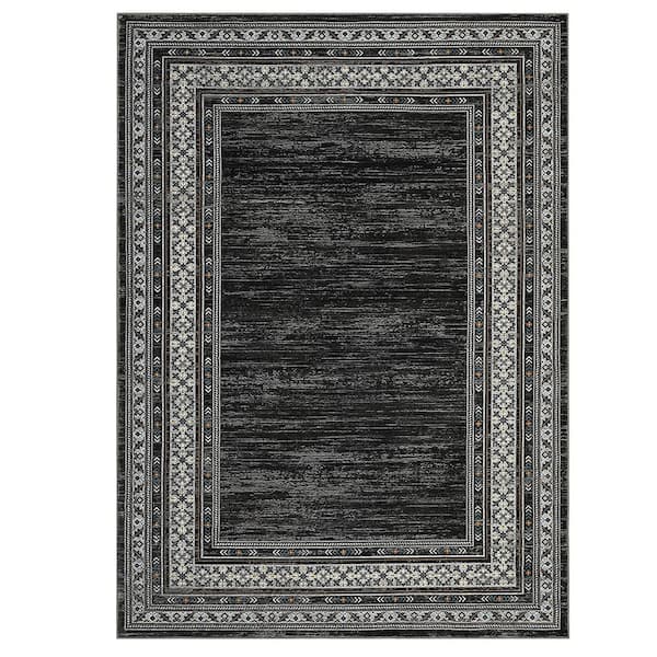 Black 8 ft. x 10 ft. Washable Bordered Area Rug, Non Slip Low Pile Non Shedding Stain Resistant Rug for Living Room