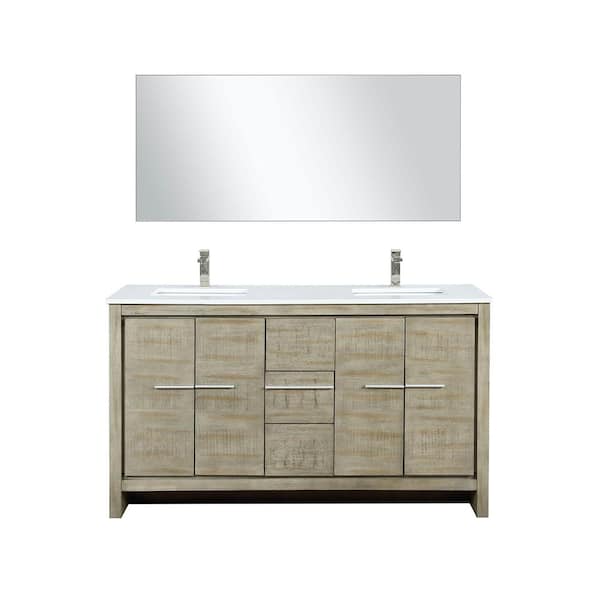 Lafarre 60 in W x 20 in D Rustic Acacia Double Bath Vanity, White Quartz Top, Brushed Nickel Faucet Set and 55 in Mirror