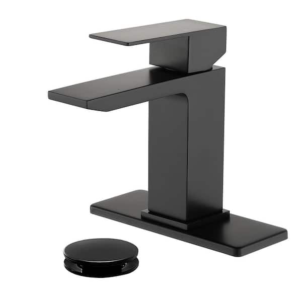 Single Handle Single Hole Bathroom Faucet with Drain Assembly and Deckplate Waterfall Vanity Sink Taps in Matte Black