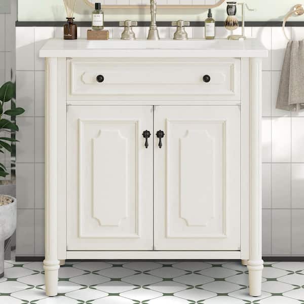 31 in. W Single Sink Freestanding White Bath Vanity with White Ceramic Top, Adjustable Shelf, Unassembled