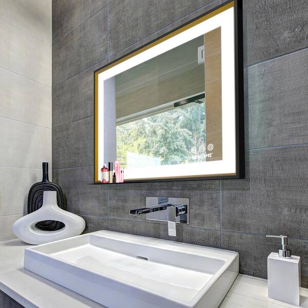 HOMEMYSTIQUE 32 in. W x 24 in. H Large Rectangular Aluminium Framed LED Light Wall Mounted Bathroom Vanity Mirror in Black