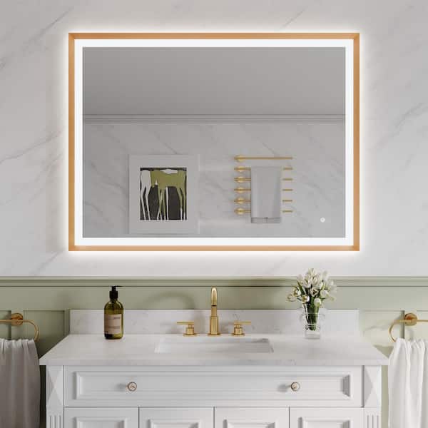 48 in. W x 36 in. H Rectangular Framed Wall LED Bathroom Vanity Mirror in Brushed Gold, Dimmable, Backlit and Frontlit