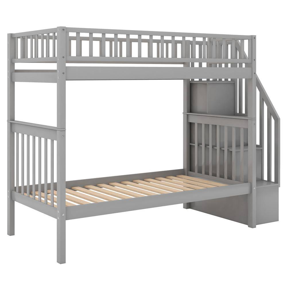 Harper & Bright Designs Gray Twin Over Twin Bunk Bed with Trundle and Storage Shelves - 2