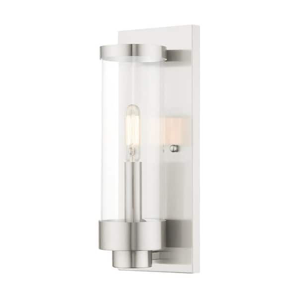 AVIANCE LIGHTING Cavanaugh 12 in. 1-Light Brushed Nickel Outdoor Hardwired ADA Wall Lantern Sconce with No Bulbs Included
