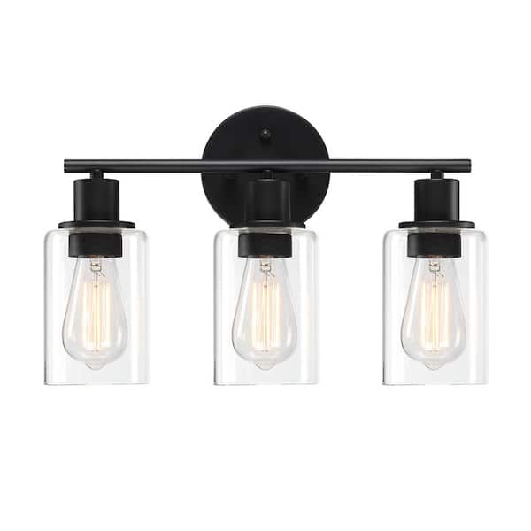 17 in. 3-Light Matte Black Bathroom Vanity Light with Clear Glass Shades