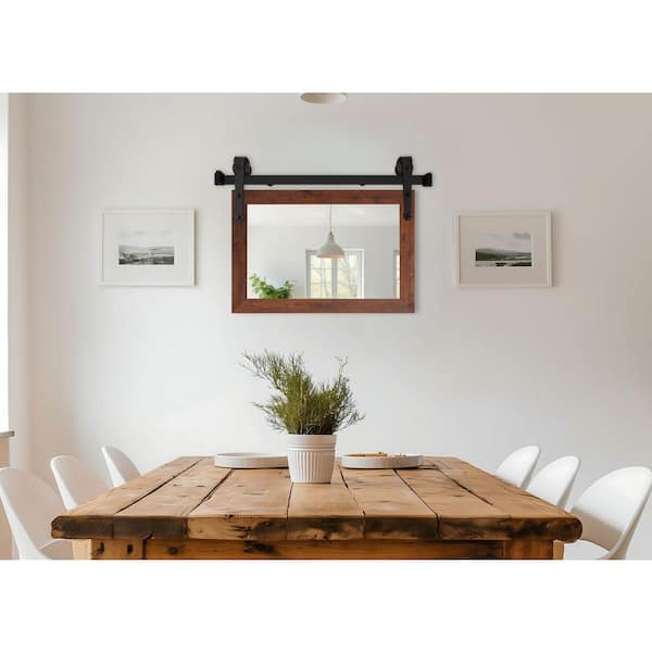 (33 in. W x 22 in. H) Light Brown Modern Rustic Vertical Mirror with Steel Barn Door Rail