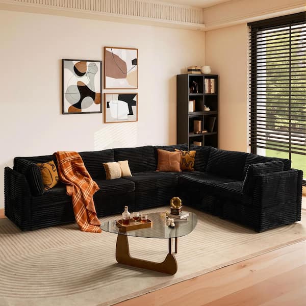 Cuke 127 in. Wide 6-Piece Modern Deep Seat Plush Corduroy L-Shape Modular Sectional Sofa Couch in Black