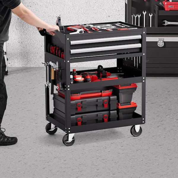 5-Tier Tool Cart with Wheels, 17.72 in. W 2 Drawers 3 Shelf Black Steel Tool Cart with Locking System for Garage
