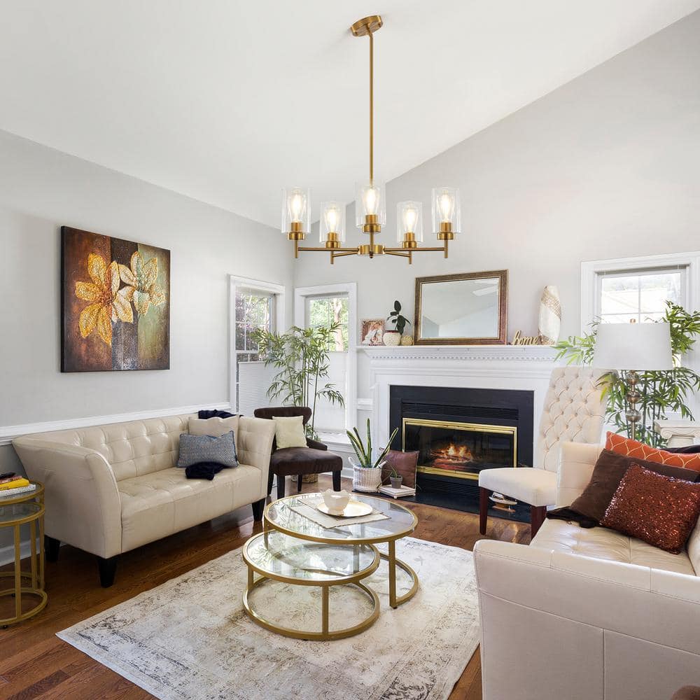 Gold and Clear Glass 5-Light Kitchen Island Chandelier