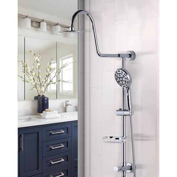 7-Spray 8 in. 1.8GPM Elegant Double Shower Head and Handheld Shower Head with Adjustable Soap Bracket in Chrome