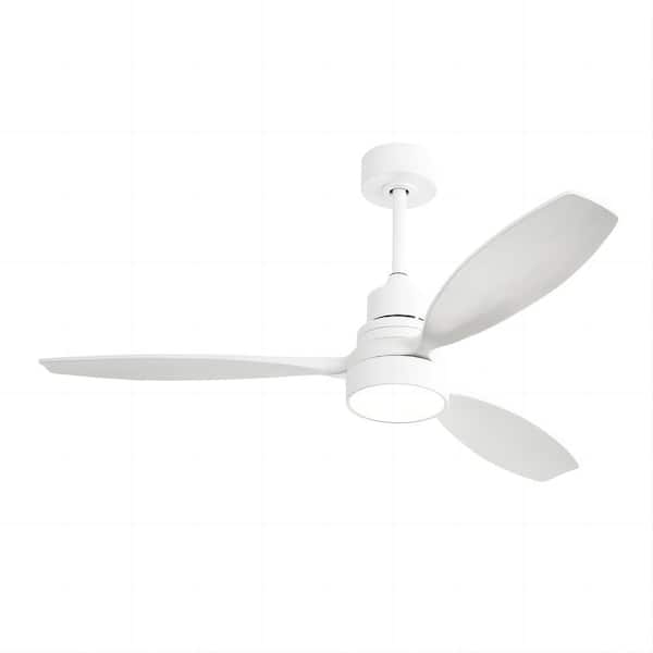 Jushua 52 in. Indoor Matte White Ceiling Fan White 3 Solid Wood Blades Remote Control Reversible DC Motor with LED Light
