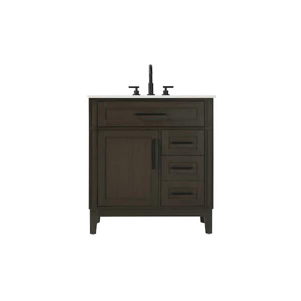 32 in. Single Sink Freestanding Mocha Brown Bath Vanity with Marble White Engineered Marble Top