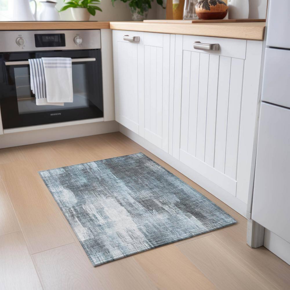 Teal Rectangular Machine Washable Stain-Resistant Rug