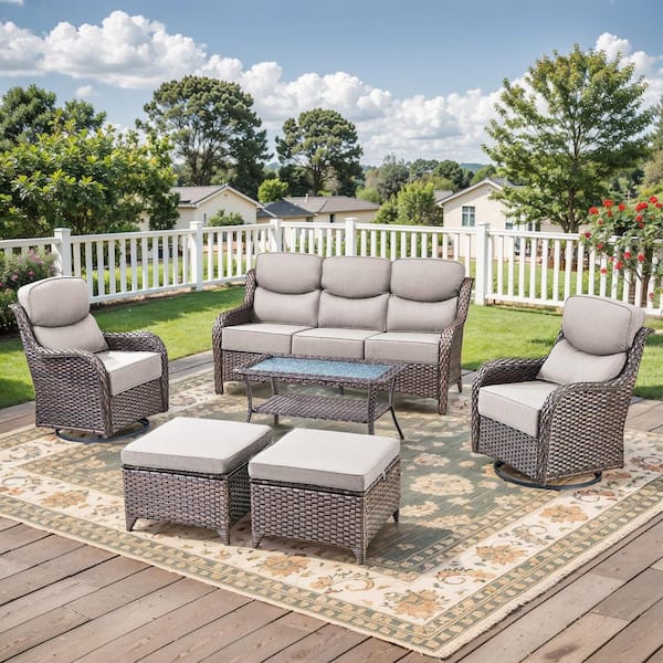 Crescent Brown Swivel Glider Wicker Patio Conversation Set with Beige Olefin 6 in. Thick Cushions/Couch (6-Piece)