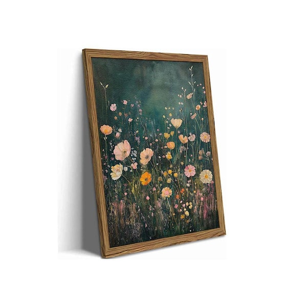 Wood Framed Vintage Floral Wall Art in Dark Moody Flower Wall