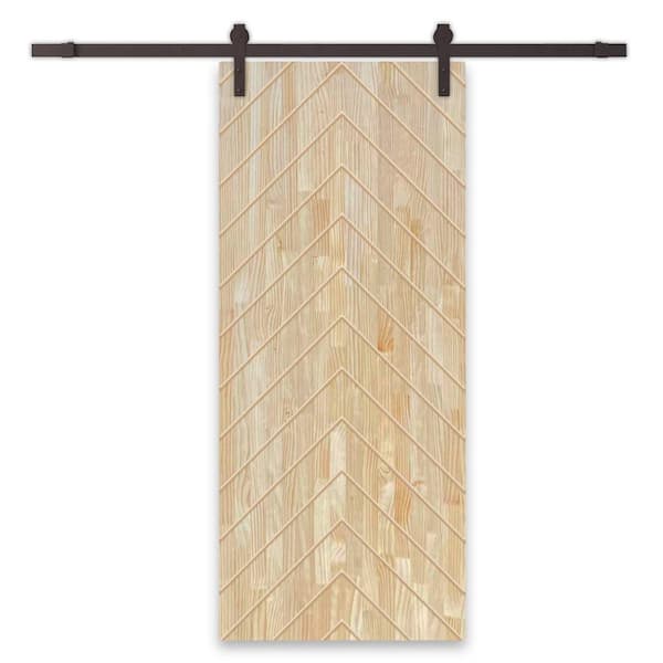 CALHOME Herringbone 36 in. x 80 in. Fully Assembled Natural Pine Wood Unfinished Modern Sliding Barn Door with Hardware Kit