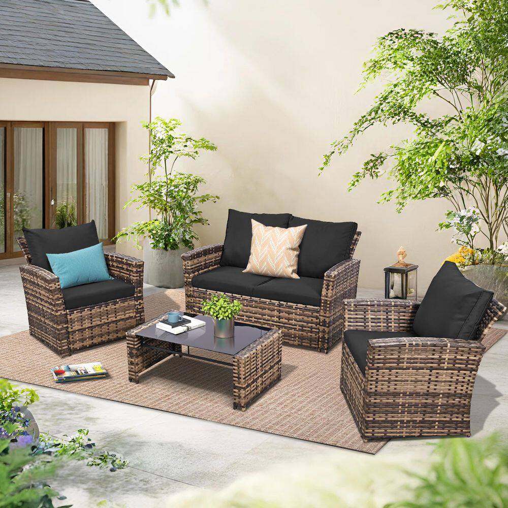 Brown Wicker 4-Piece Patio Conversation Outdoor Sectional Set with Black Cushions price history on PriceWatchPro