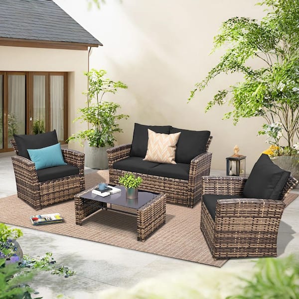 Brown Wicker 4-Piece Patio Conversation Outdoor Sectional Set with Black Cushions