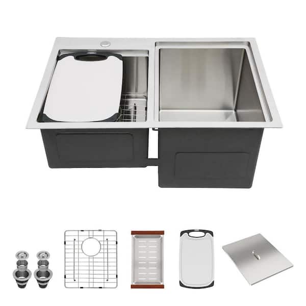 33 in. x 22 in. Drop-In Single Bowl 16 Gauge Stainless Steel Workstation Kitchen Sink with Bottom Grids