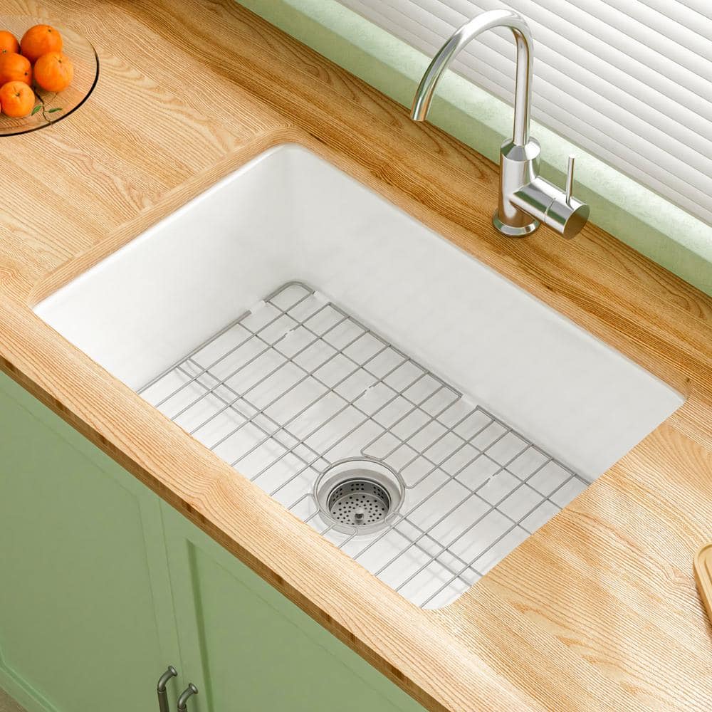 Jasmie 27 in. Fireclay Kitchen Sink Drop-in/Undermount Dual Mount White Single Bowl Kitchen Sinks with Sink Grid and Strainer HD-US-2719-W - The Home Jasmie 27 in. Fireclay Kitchen Sink Drop-in/Undermount Dual Mount White Single Bowl Kitchen Sinks with Sink Grid and Strainer HD-US-2719-W - The Home