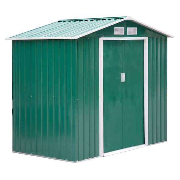 Outsunny 83.75 in. W x 72.75 in. D L Outdoor Storage Metal Shed Garden House with 4 Vents and 2 Sliding Doors, Green (50 sq. ft.)