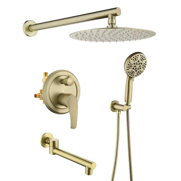 Single Handle 3-Spray Tub and Shower Faucet 2.5 GPM, 12''Head Shower and Hand Shower in Brushed Gold Valve Included